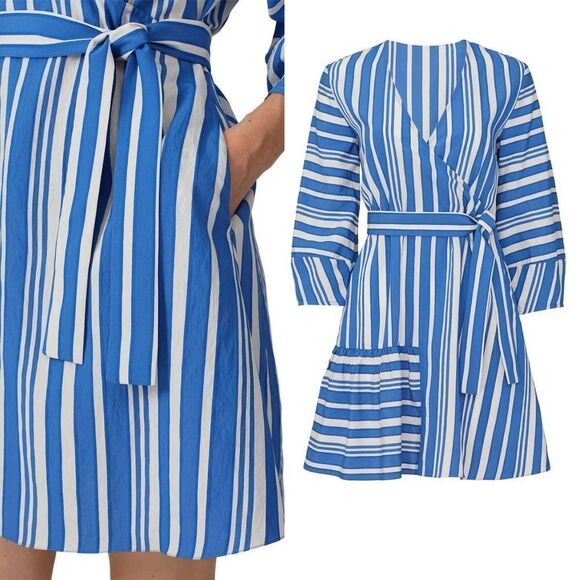 Chinti & Parker Blue Striped Crepe Parasol V-Neck Faux Wrap Oversized Dress 10 - Picture 2 of 8